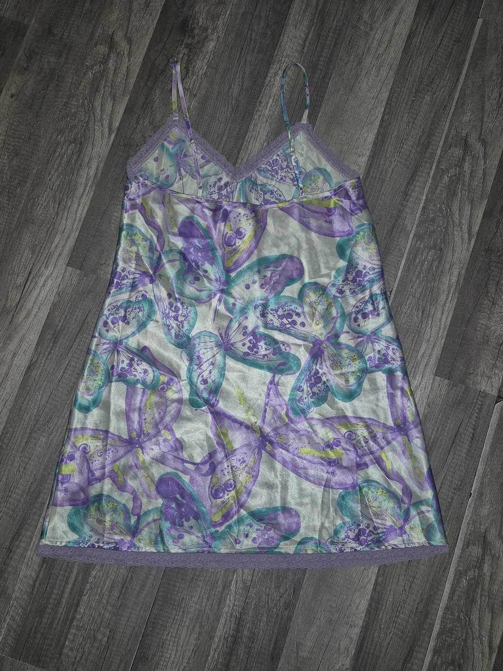 Valerie Stevens Lavender & Teal Butterfly Vintage Satin Chemise - Picture 2 of 5